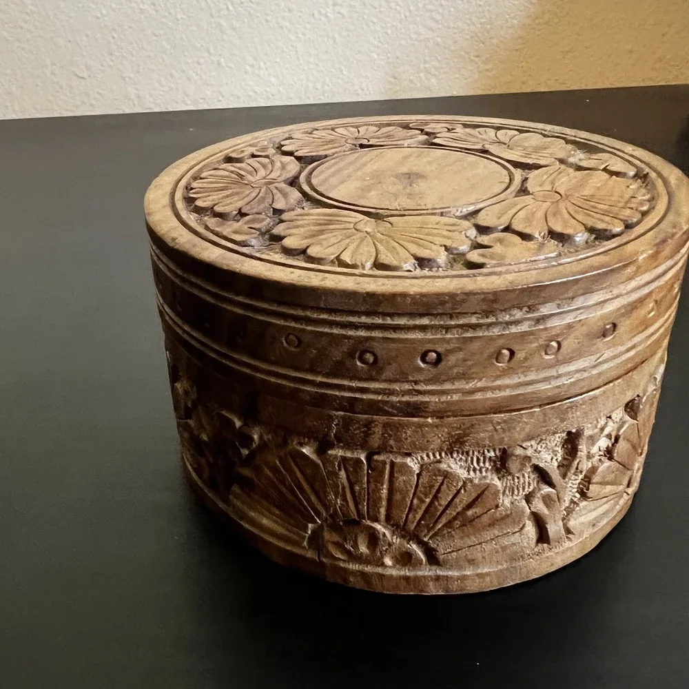 Vintage Wooden Box Floral Hand Carved Flowers Jewelry Trinket